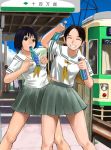  between_breasts breasts drink kamimura mimura_kaoru ramune school_uniform serafuku sexually_suggestive skirt train 