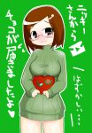  1girl artist_request blush bottomless breasts brown_eyes brown_hair glasses hair_ornament hairclip lim_(petitbeads) nikki_(swapnote) nintendo red-framed_glasses ribbed_sweater short_hair solo standing swapnote sweater translation_request valentine 
