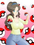  1girl blue_eyes breasts brown_hair cleavage hair looking_at_viewer milf mother_(pokemon) mother_bw_(pokemon) poke_ball pokemom pokemon pokemon_(game) pokemon_bw ponytail 