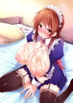   1girl bed blush breast_hold breasts brown_eyes brown_hair dress garter_straps goban high_res huge_breasts lace lace-trimmed_thighhighs long_hair looking_at_viewer lube maid maid_headdress mouth_hold nipples nose_blush original pillow sitting solo stockings wariza zettai_ryouiki  
