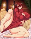1girl absurdres bed blush breasts brown_eyes brown_hair demon_girl feet female gigantic_breasts highres horns huge_breasts long_hair lying maou_(maoyuu) maoyuu_maou_yuusha on_side plump red_eyes renges solo sweater thick_thighs thighs toes