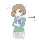 1girl blush brown_eyes brown_hair character_name gift glasses green-framed_glasses looking_at_viewer nikki_(swapnote) nintendo semi-rimless_glasses shimo_(laxesp) short_hair skirt solo spoken_blush swapnote sweatdrop sweater translated wavy_mouth
