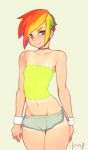  1girl artist_name bare_shoulders belly choker doxy ear_piercing female flat_chest friendship_is_magic groin hair humanized midriff mound_of_venus multicolored_hair my_little_pony navel piercing purple_eyes rainbow_dash rainbow_hair short_hair short_shorts shorts simple_background slender_waist small_breasts smile solo strapless tan tan_line thick_thighs thighs tubetop wrist_cuffs wristband 