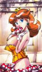 1girl between_breasts big_breasts blue_eyes bottomless breasts corset earrings flower gloves high_res highres jewelry joehentai large_breasts licking mario_(series) mushroom nintendo nipples no_panties open_clothes orange_hair power-up princess princess_daisy sexually_suggestive super_mario_bros. super_mario_land super_mario_world super_mushroom 