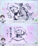  ... 1girl 2012 :&gt; :&gt;= brown_hair closed_eyes dated eating food from_side glasses hair heart kotatsu long_hair lowres makizushi mii_(nintendo) nikki_(swapnote) purple ribbed_sweater sexually_suggestive shigatake short_hair solo sushi swapnote swapnote_(medium) sweat sweater table text translated turtleneck upper_body |_| 