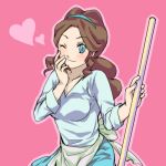  1girl ;) apron blue_eyes blush breasts broom brown_hair hairband heart long_hair lowres mother_(pokemon) mother_bw_(pokemon) one_eye_closed pink_background pokemon pokemon_(game) pokemon_bw ponytail r-ray simple_background skirt sleeves_rolled_up smile solo sweater wink 