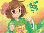  1girl artist_request brown_eyes brown_hair glasses hair_ornament hairpin japanese_clothes kimono long_sleeves looking_at_viewer nikki_(swapnote) obi petals red-framed_glasses sakura_petals sash semi-rimless_glasses short_hair smile solo swapnote translation_request under-rim_glasses upper_body wide_sleeves 