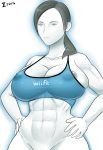  1girl 2015 abs big_breasts black_hair blue_eyes bottomless breasts cleavage erect_nipples hair muscle naked_from_the_waist_down nintendo ponytail shiny shiny_skin solo super_smash_bros. white_skin wii_fit wii_fit_trainer wiifit 