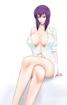  1girl bad_id big_breasts breasts cleavage crossed_legs erect_nipples ghost_in_the_shell ghost_in_the_shell_stand_alone_complex kusanagi_motoko large_breasts legs legs_crossed libre motoko_kusanagi naked_shirt navel purple_hair red_eyes shirt short_hair simple_background sitting solo thighs wet wet_clothes 
