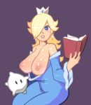  1girl assisted_exposure bare_shoulders blonde_hair blue_dress blue_eyes blush book breasts breasts_outside chiko_(mario) crown detached_sleeves dress dress_pull earrings hair_over_one_eye huge_breasts inverted_nipples jewelry large_breasts lipstick long_hair lowres luma makeup nintendo nipples noill open_book princess_rosalina purple_background reading simple_background star super_mario_bros. super_mario_galaxy 