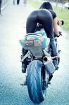  1girl ass black_hair bmw female latex long_hair motorbike pantyhose posing public smile 