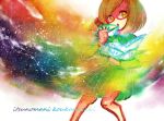 1girl :o bad_id bob_cut brown_hair colorful copyright_name dress envelope glasses knees_together_feet_apart looking_at_viewer lowres nikki_(swapnote) nintendo rainbow red-framed_glasses romaji short_hair solo star swapnote title_drop yellow_eyes yubune
