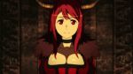  animated animated_gif big_breasts bouncing_breasts breasts cleavage gif horns large_breasts long_hair looking_at_viewer lowres maou_(maoyuu) maoyuu_maou_yuusha red_eyes red_hair smile solo standing talking 