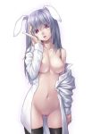1girl animal_ears black_legwear blush breasts bunny_ears collarbone female female_only h_kasei kasei_(xyz) kemonomimi long_hair looking_at_viewer naked_labcoat navel nipples off_shoulder partially_clothed pussy red_eyes reisen_udongein_inaba silver_hair simple_background solo_female stockings touhou uncensored usagimimi white_background