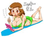 1girl :o ass bad_id barefoot bikini blush breasts brown_eyes brown_hair character_name cleavage glasses handheld_game_console huge_breasts ihatethisfs knees_apart_feet_together large_breasts lying nikki_(swapnote) nintendo_3ds on_stomach open_mouth red-framed_glasses semi-rimless_glasses short_hair solo stylus swapnote sweatdrop swimsuit translated