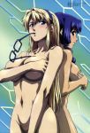 2_girls absurd_res andou_masahiro areola back-to-back big_breasts blonde_hair blue_hair blush breasts cleavage covering covering_breasts freezing_(series) glasses green_eyes hair hairband high_res long_hair looking_back mound_of_venus mouth_hold multiple_girls navel nude nude_cover official_art rana_linchen satellizer_el_bridget sideboob