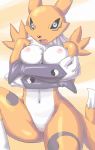  1_anthro 1_female 1_female_anthro 1girl anthro anthro_canine anthro_fox anthro_vixen apostle_(artist) arm_warmers big_breasts black_nose black_sclera blue_eyes blush breast_lift breasts canine crossed_arms detached_sleeves digimon digimon_tamers female female_anthro female_anthro_fox female_only female_renamon fox front_view fur furry large large_breasts mostly_nude navel nipples one_leg_up open_mouth pussy renamon solo standing surprised tail thighs toei_animation vixen white_fur yellow_fur yin_yang 