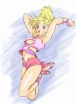  1girl armpits arms_up blonde_hair blue_eyes breasts cleavage cleavage_cutout cross-laced_footwear elle_vianno gundam gundam_zz high_res highres jumping mattjef navel open_fly open_mouth sandals short_shorts shorts solo tof underboob unzipped zipper 