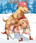  1boy 1girl bestiality big_ass blush christmas_outfit doggy_position furry_on_human huge_ass huge_breasts light-skinned_female nami nami_(time_skip) one_piece open_mouth outside santa_hat sex_from_behind sex_on_snow takizawa_taki tony_tony_chopper tony_tony_chopper_(walk_point_form) 