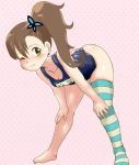 1girl barefoot bent_over brown_hair butterfly_hair_ornament chousoku_henkei_gyrozetter feet green_eyes hair_ornament hands_on_knees hands_on_own_knees inaba_rinne long_hair one-piece_swimsuit one_eye_closed school_swimsuit side_ponytail single_thighhigh solo stockings striped striped_legwear swimsuit teen tof translated wink young