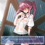  1girl blush breasts brown_eyes looking_at_viewer nipples purple_hair rain school_uniform see-through shirt shoushinmono solo translation_request twin_tails twintails wet wet_clothes wet_shirt 