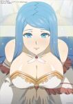 1girl 1girl 1girl absurd_res all_fours alluring bare_shoulders bed bedroom_eyes big_breasts blue_eyes blue_hair blush cleavage closed_mouth collarbone curtains dress eyelashes female_only fire_emblem fire_emblem_engage high_res imminent_sex indoors long_hair looking_at_viewer lumera_(fire_emblem) mature mature_female nintendo on_bed own_hands_together paid_reward_available shoulders sitting smile strapless strapless_dress sweat tak0baka wet white_dress