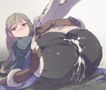 1girl akira02 ass blush boots breasts cum cum_in_ass cum_inside cum_on_clothes erect_nipples gloves grey_background grey_eyes grey_hair legs_up long_hair looking_at_viewer lying on_back parted_lips ravness_loxaerion simple_background solo tactics_ogre 