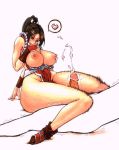  1girl breasts brown_eyes brown_hair censored cum ejaculation heart japanese_clothes king_of_fighters large_breasts legs long_legs penis ponytail proud shiranui_mai smile snk solo_focus the_king_of_fighters thick_thighs thigh_sex thighs traditional_media white_background wrato 