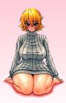  1girl big_breasts blonde_hair blue_eyes blush breasts highres huge_breasts igawa_sakura large_breasts short_hair smile solo sweater sweater_dress taimanin_asagi thick_thighs thighs turtleneck wide_hips wrato 