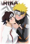  1boy 1girl art blonde blonde_hair blue_eyes blush brown_eyes brown_hair chin_grab chinese_clothes couple double_bun eye_contact fingerless_gloves forehead_protector gloves hair_bun high_res highres incipient_kiss jacket lips long_sleeves looking_at_another love male/female naruto naruto_shippuden naruto_uzumaki neck parted_lips short_hair spiked_hair stiky_finkaz teeth tenten v-neck 