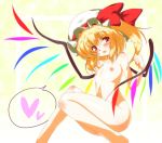  1girl blonde_hair blush bow fang female flandre_scarlet flat_chest hat heart nipples nude open_mouth petite ponytail red_eyes ribbon short_hair shoushinmono side_ponytail small_breasts solo tanaka_ginji the_embodiment_of_scarlet_devil touhou wings 