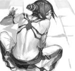  1girl ass back bare_shoulders barefoot capcom detached_sleeves drill_hair fingerless_gloves from_behind gloves halter_top halterneck juri_han looking_back mana30row monochrome solo squatting street_fighter street_fighter_iv super_street_fighter_iv toned twin_drills 