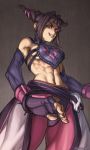  abs belly black_hair bracelet breasts capcom detached_sleeves drill_hair elbow_gloves fingerless_gloves gloves glowing glowing_eye grin hair halter_top halterneck highres jewelry juri_han midriff muscle nail_polish navel purple_eyes sideboob smile solo speh spiked_bracelet spikes street_fighter street_fighter_iv super_street_fighter_iv toned twin_drills twintails 