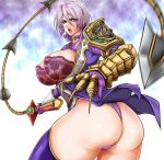  1041_(toshikazu) 1girl armor ass big_breasts breasts curvy earrings green_eyes huge_breasts isabella_valentine jewelry lace large_breasts panties purple_hair see-through short_hair solo soul_calibur soul_calibur_v soulcalibur soulcalibur_v sword thong underwear weapon whip_sword 