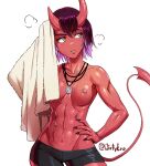  1girl abs areola asura_(dirtyero) athletic athletic_female breasts demon demon_tail dirtyero_(artist) female_only hand_on_hip horns long_fingernails looking_away muscular muscular_female necklace nipples original original_character pentagram pentagram_necklace pink_hair purple_hair short_hair short_shorts shorts solo_female sweat tail topless towel two_tone_hair white_background 