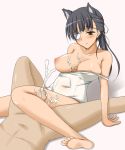  1girl bare_shoulders barefoot big_breasts black_hair blush breasts brown_eyes cum cum_on_body cum_on_breasts cum_on_upper_body ejaculation eyepatch feet kneepit_sex long_hair looking_down lying nipples nude penis sakamoto_mio simple_background sitting strike_witches swimsuit thighs toes uncensored white_background 