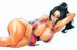  1girl armpits black_hair breasts brown_eyes curvy fatal_fury female groin hand_behind_head high_res highres huge_breasts king_of_fighters long_hair long_ponytail lying mound_of_venus ninja no_panties on_side ponytail shiranui_mai simple_background solo the_king_of_fighters thighs white_background wide_hips wrato 