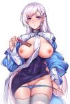  1girl alternative_costume azur_lane belfast_(azur_lane) belfast_(iridescent_rose)_(azur_lane) big_breasts blue_eyes blue_panties blue_underwear blush braid breasts breasts_out_of_clothes china_dress chinese_clothes cleavage_cutout collar dress earrings eyebrows_visible_through_hair fan french_braid groin holding holding_fan jewelry long_hair long_sleeves looking_at_viewer nipples panties panty_pull parted_lips pelvic_curtain pussy shawl side-tie_panties silver_hair simple_background souno_hana stockings tied_hair underwear white_background white_legwear 