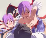 1boy 2girls akira02 bare_shoulders bat_wings blush breast_sucking breasts bridal_gauntlets censored demon_girl elbow_gloves fellatio gloves group_sex hair head_wings leotard lilith_aensland mosaic_censoring multiple_girls nipples open_mouth oral pantyhose penis print_pantyhose purple_hair red_eyes saliva sex short_hair small_breasts succubus sweat threesome vampire_(game) wings wink 