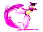  barefoot black_hair breasts capcom detached_sleeves drill_hair elbow_gloves feet fighting_stance fingerless_gloves gloves glowing glowing_eye halter_top halterneck juri_han midriff nail_polish navel pink_eyes purple_nails short_hair short_twintails smile solo street_fighter street_fighter_iv toeless_socks toes twin_drills twintails 