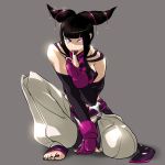  1girl bad_id baggy_pants bare_shoulders barefoot black_hair breasts capcom detached_sleeves dfreak elbow_gloves feet finger_to_mouth fingerless_gloves gloves glowing glowing_eye grey_background hair_ornament halter_top halterneck han_juri midriff nail_polish ojo_(dfreak) one_knee pants purple_eyes purple_nails solo street_fighter street_fighter_iv super_street_fighter_iv toeless_socks toes tongue tongue_out twintails 