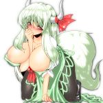  1girl breasts cleavage erect_nipples ex-keine female green_hair horns huge_breasts kamishirasawa_keine pantyhose red_eyes shoushinmono solo tanaka_ginji touhou 