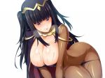  1girl all_fours bent_over big_breasts black_hair blush breasts cleavage cum erokosei fire_emblem fire_emblem:_kakusei headpiece hime_cut huge_breasts long_hair looking_at_viewer mouth_hold no_bra purple_eyes simple_background skin_tight smile solo sweat tharja white_background 