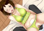  1girl bare_shoulders bed blush breasts brown_hair censored cleavage girl_on_top hyouka ibara_mayaka lying open_mouth penis pink_eyes pussy saliva sex short_hair swimsuit vaginal wink 