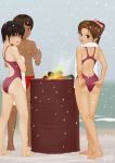 1boy 2girls acerbi adjusting_clothes adjusting_swimsuit ass black_eyes black_hair brown_eyes brown_hair campfire competition_swimsuit dated drum_(container) fire fundoshi hair multiple_girls one-piece_swimsuit original ponytail short_hair snow swimsuit