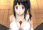  1girl bare_shoulders black_hair breast_squeeze breasts censored chitanda_eru cleavage hyouka long_hair looking_at_viewer open_mouth paizuri penis ponytail purple_eyes spread_legs swimsuit 