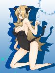  1girl animal_ears barefoot big_breasts blue_background breasts cat_ears highres jumon pokemon shirona_(pokemon) 