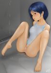  1girl acerbi black_eyes blue_hair blush breasts female looking_at_viewer one-piece_swimsuit pussy short_hair shower sitting solo swimsuit swimsuit_aside uncensored water wet 