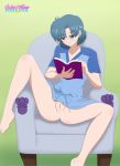  1_girl 1girl ami_mizuno barefoot bespectacled bishoujo_senshi_sailor_moon blue_eyes blue_hair book bottomless breasts chair female glasses mizuno_ami no_panties no_shoes partially_clothed pussy sailor_mercury sailor_moon sailormoonpixxx short_hair sitting solo spread_legs 