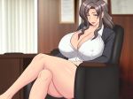  breasts cleavage hair highres huge_breasts long_hair milf office_lady solo thick_thighs yukijirushi_nyugyou 